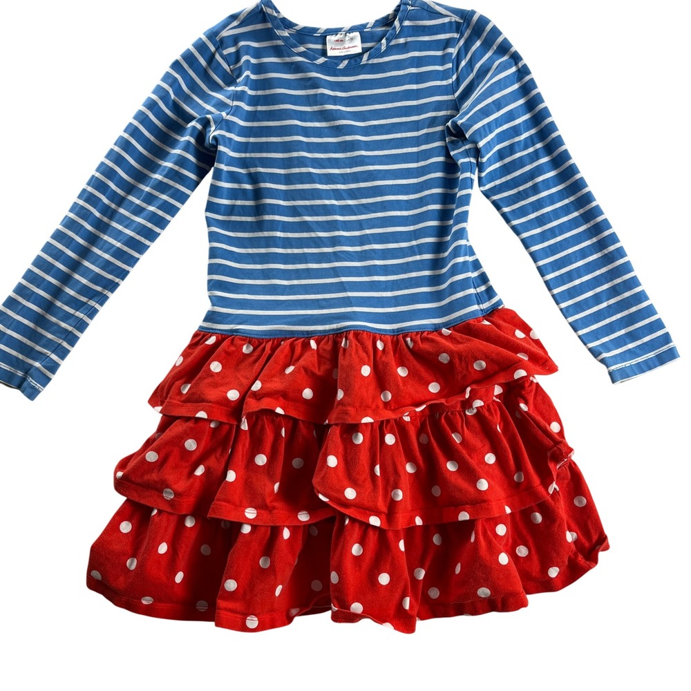 Hanna Andersson Girls Tiered Ruffle Dress US 10 Blue Red Polka Dot